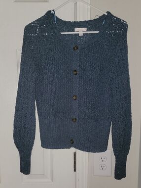 LC Lauren Conrad Navy Button-Front Crochet Yoke Cardigan